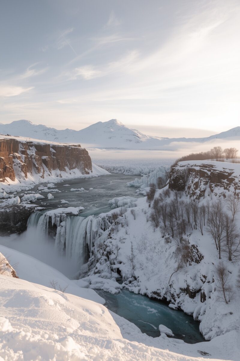 Frozen waterfall cascading over snow-covered cliffs into a turquoise river gorge with snow-capped mountains in the background