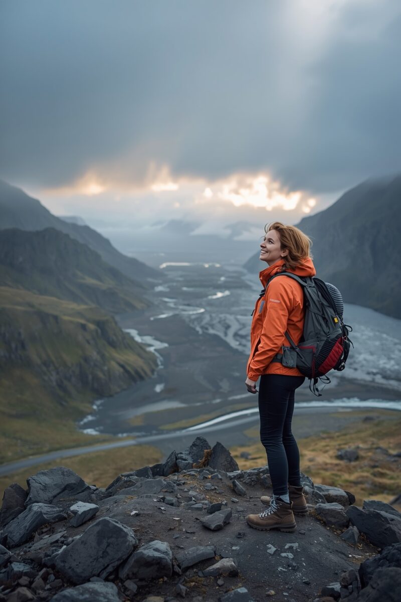 Woman in orange jacket with backpack standing on rocky summit overlooking a dramatic glacial valley in Iceland