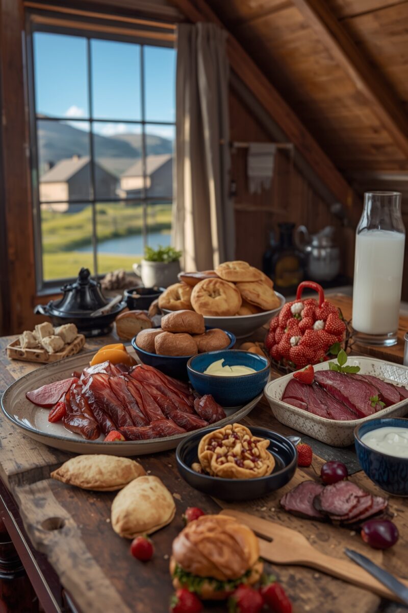 Rustic wooden table spread with cured meats, bread rolls, dipping sauces, milk, and fresh fruits in a Nordic cabin