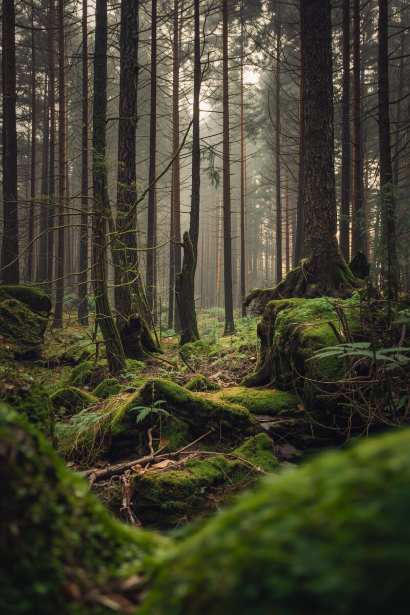 Misty ancient forest with tall pine trees, moss-covered rocks and roots, soft light filtering through the canopy