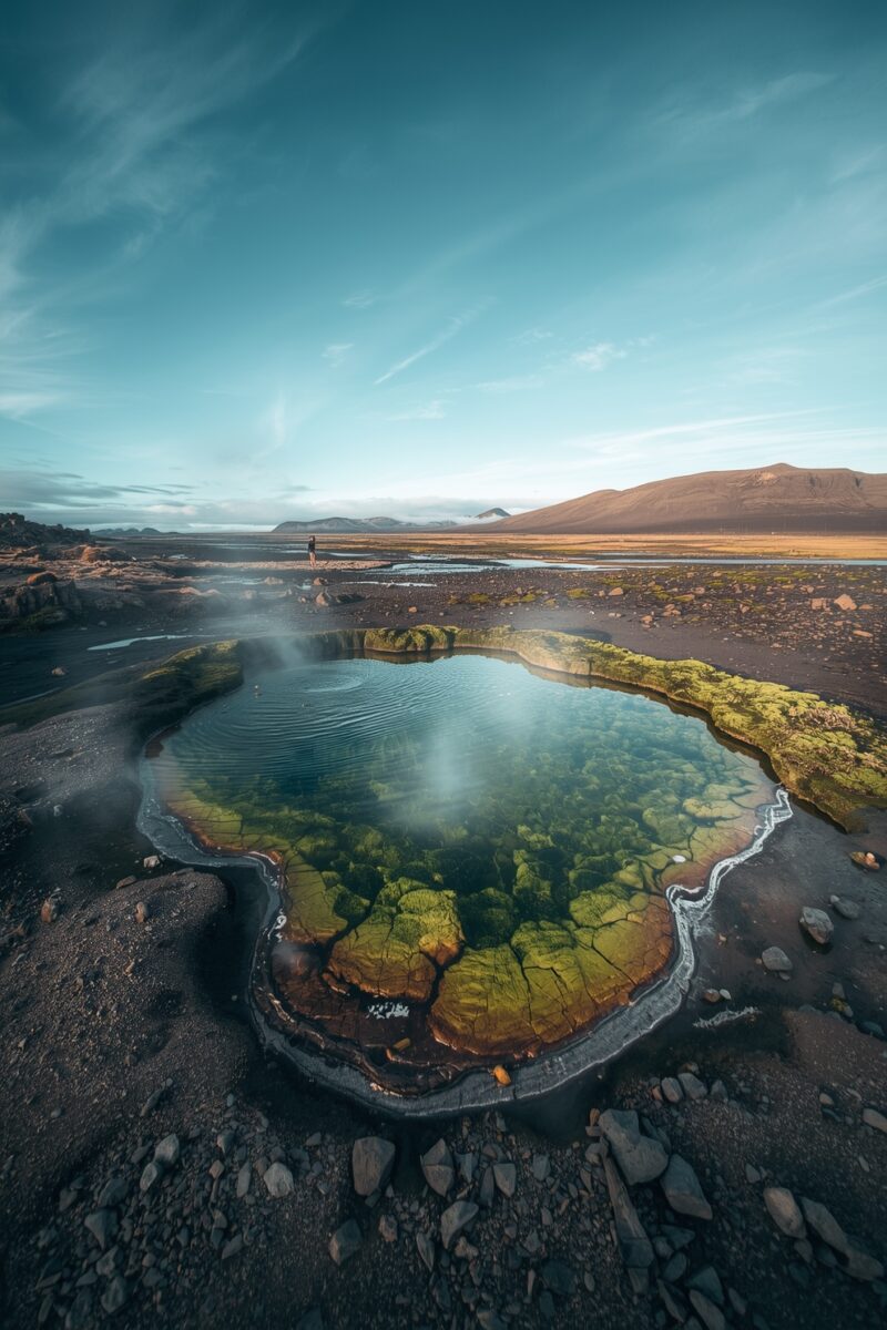 Geothermal hot spring pool with colorful algae on black volcanic landscape in Iceland, lone figure in distance