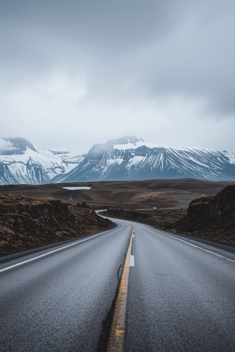 Empty two-lane road stretching toward snow-capped mountains under overcast skies in Iceland
