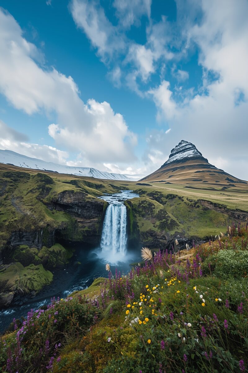 Kirkjufell mountain with waterfall cascading over green cliffs, wildflowers in foreground, Iceland