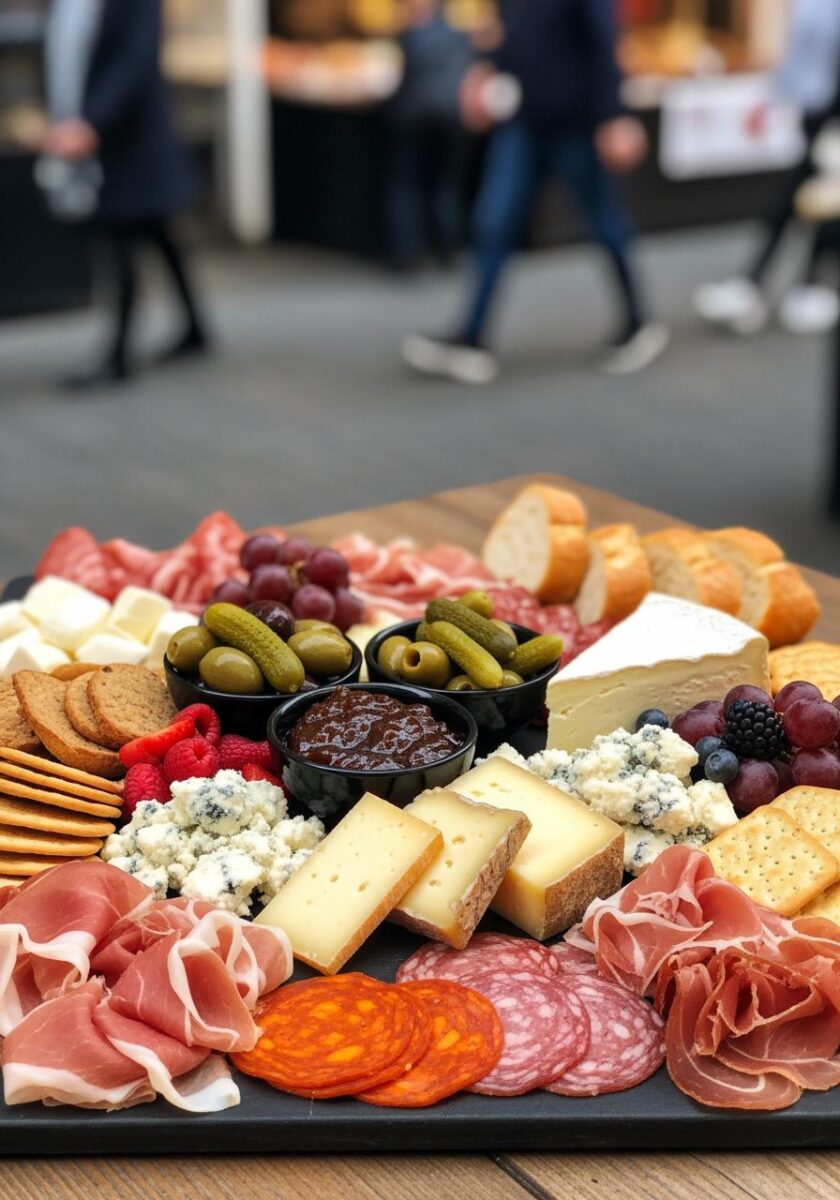 Elaborate charcuterie board with cured meats, assorted cheeses, olives, cornichons, crackers, fruits, and jam