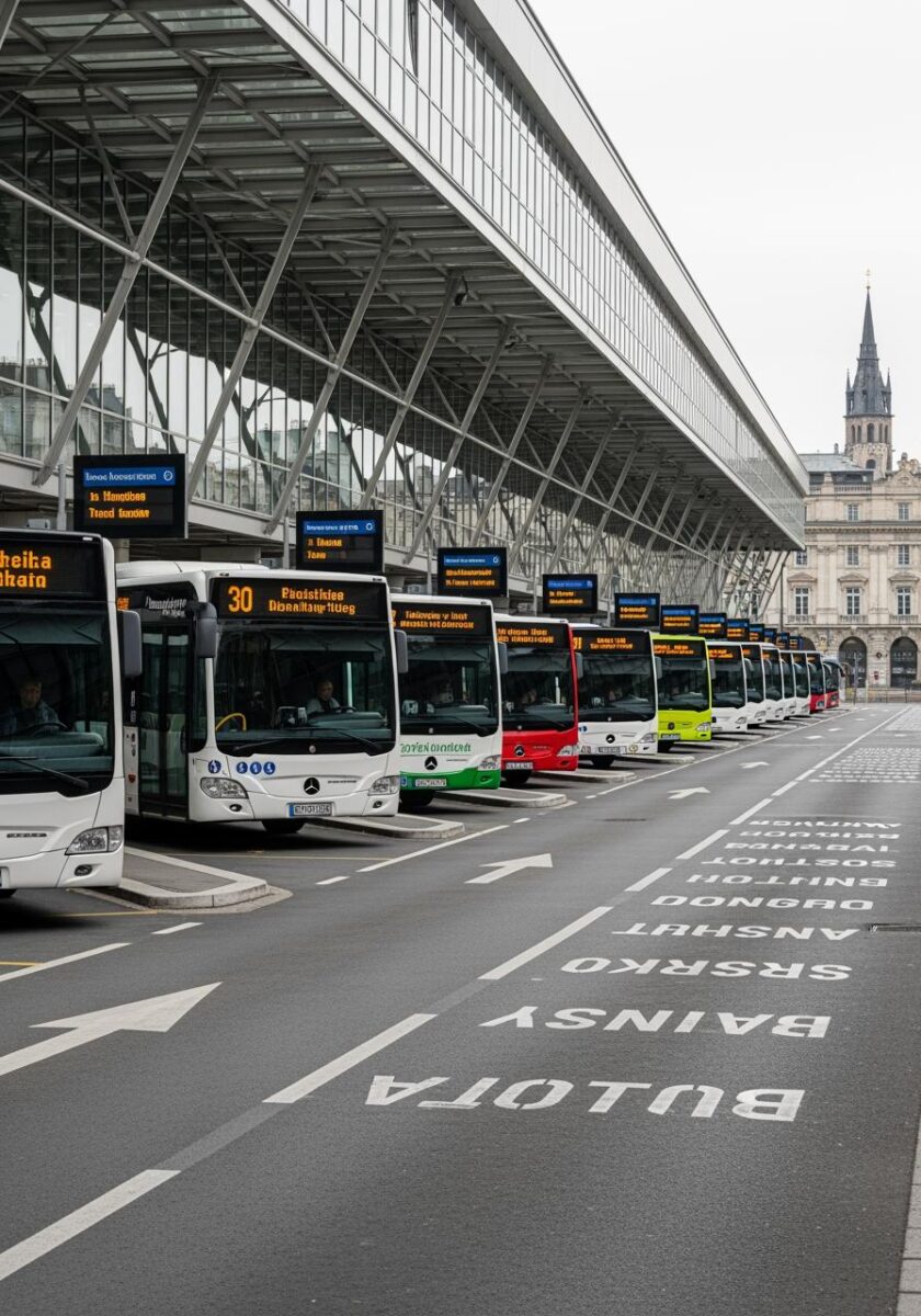 Row of colorful Mercedes-Benz buses lined up at a modern glass-canopied urban bus terminal station