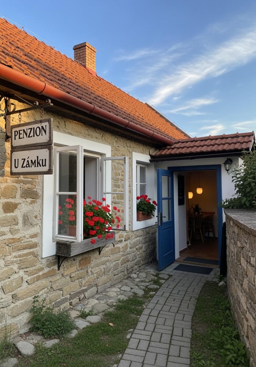 Penzion U Zámku Czech guesthouse with stone walls, red geraniums, blue door, and terracotta tiled roof