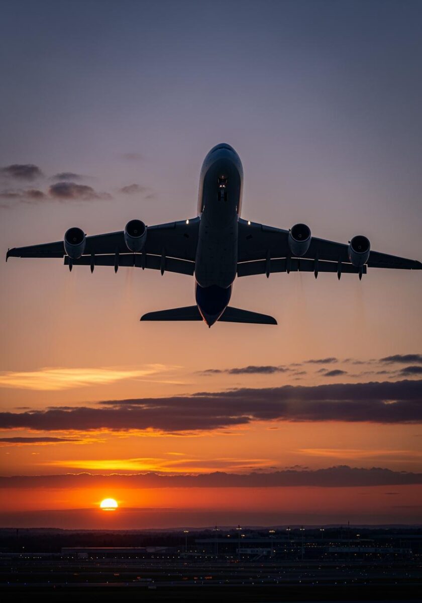 Large four-engine commercial aircraft flying low over airport runway against a vivid orange and red sunset sky