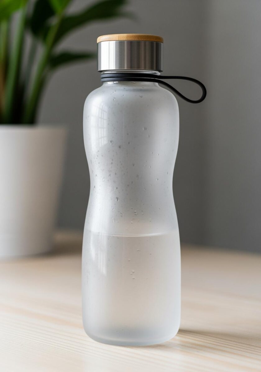 Frosted glass water bottle with bamboo and stainless steel lid and black carry loop on a wooden surface