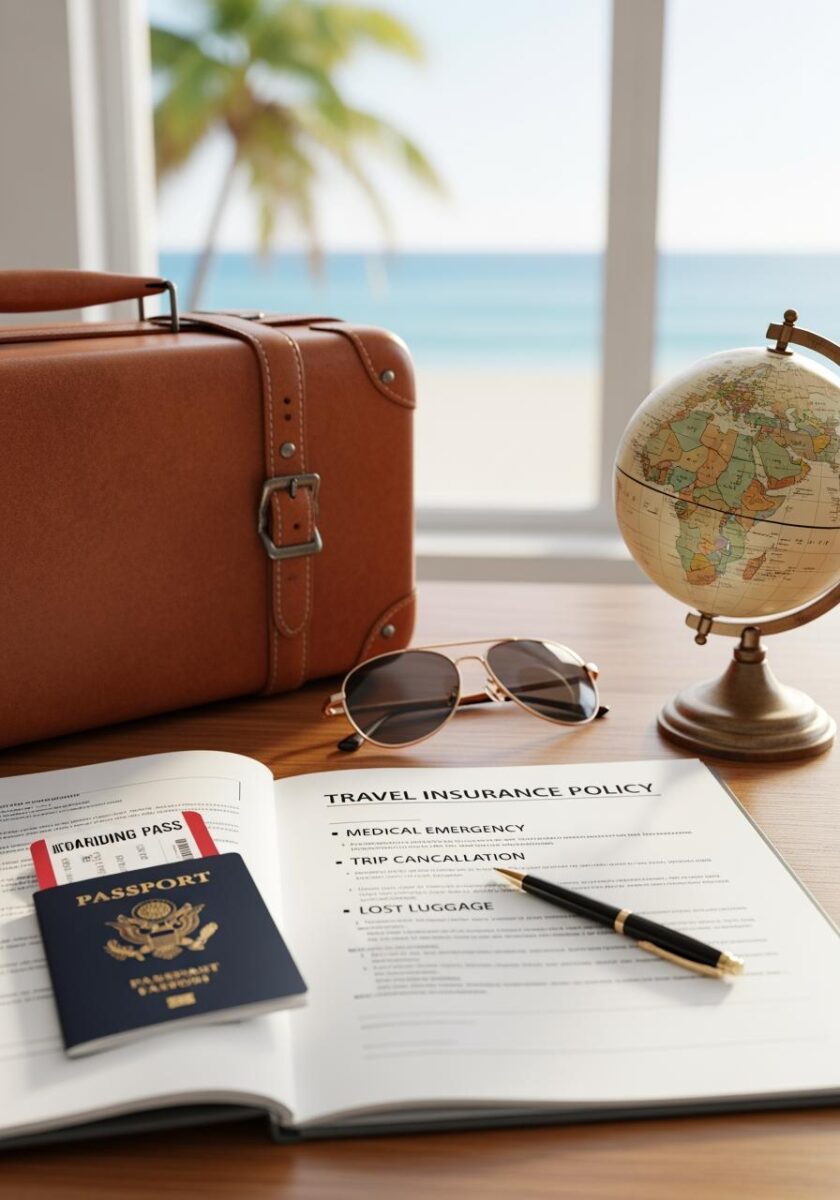 Travel insurance policy document with passport, boarding pass, globe, sunglasses, and leather suitcase on wooden desk by beach window