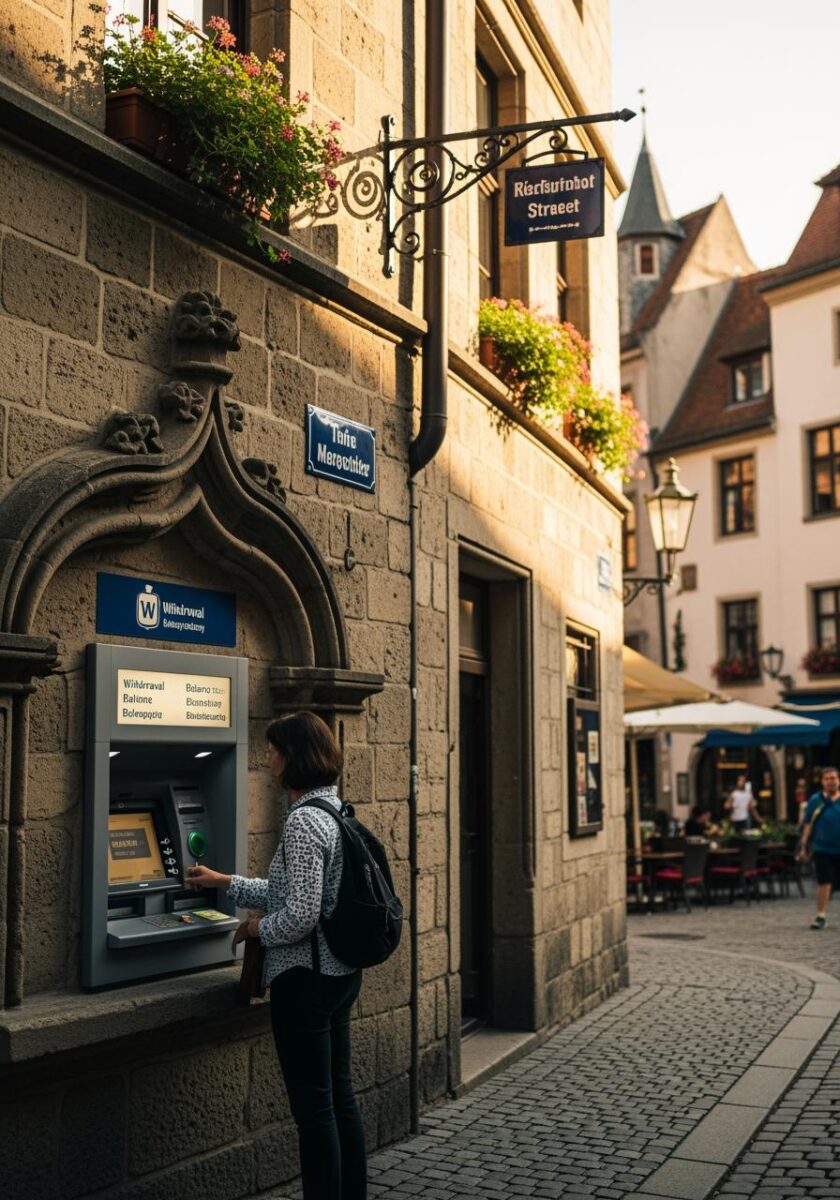 Woman using an ATM machine set into an ornate stone wall in a charming European old town cobblestone street