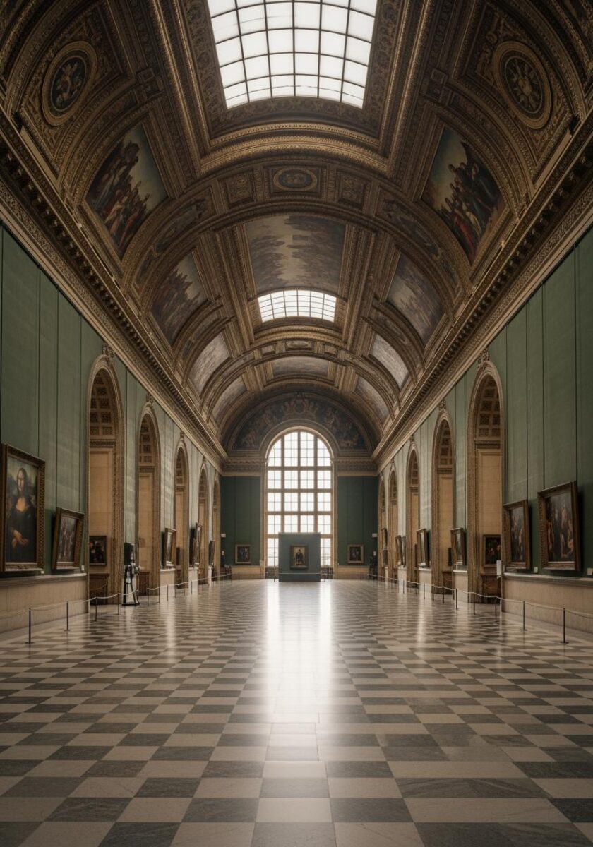 Empty ornate gallery hall at the Louvre Museum with barrel-vaulted ceiling, checkered marble floor, and paintings on green walls