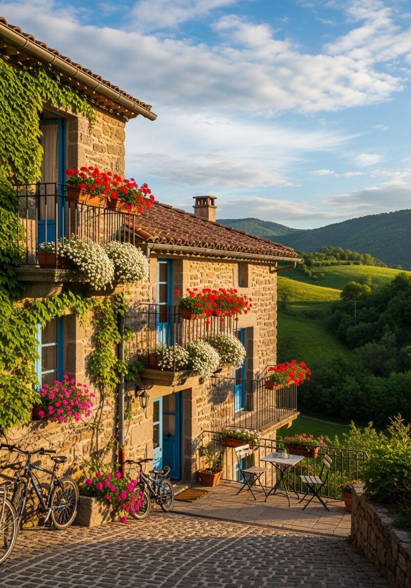 Charming stone farmhouse with flower-filled balconies, blue shutters, ivy walls, bicycles, and rolling green hills backdrop