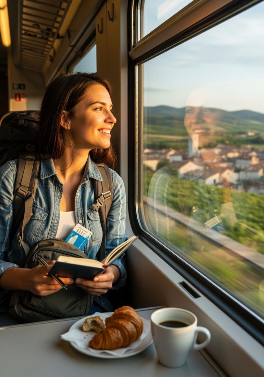 Smiling woman with backpack and journal on a train, looking out window at scenic European town and hills