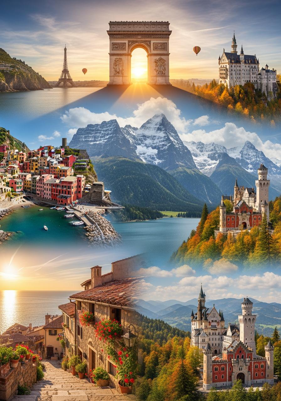 European travel collage featuring Arc de Triomphe, Eiffel Tower, Neuschwanstein Castle, Alps, Italian coast, and Tuscan village