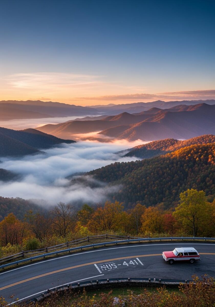 Vintage red SUV on US-441 winding mountain road with fog-filled valleys and autumn foliage at sunrise