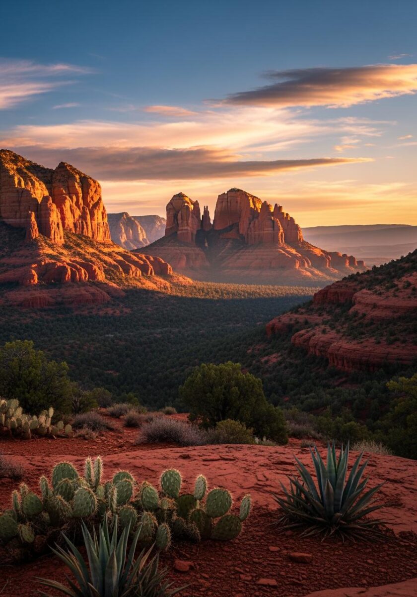 Sedona Arizona red rock formations at sunset with prickly pear cactus and agave in foreground