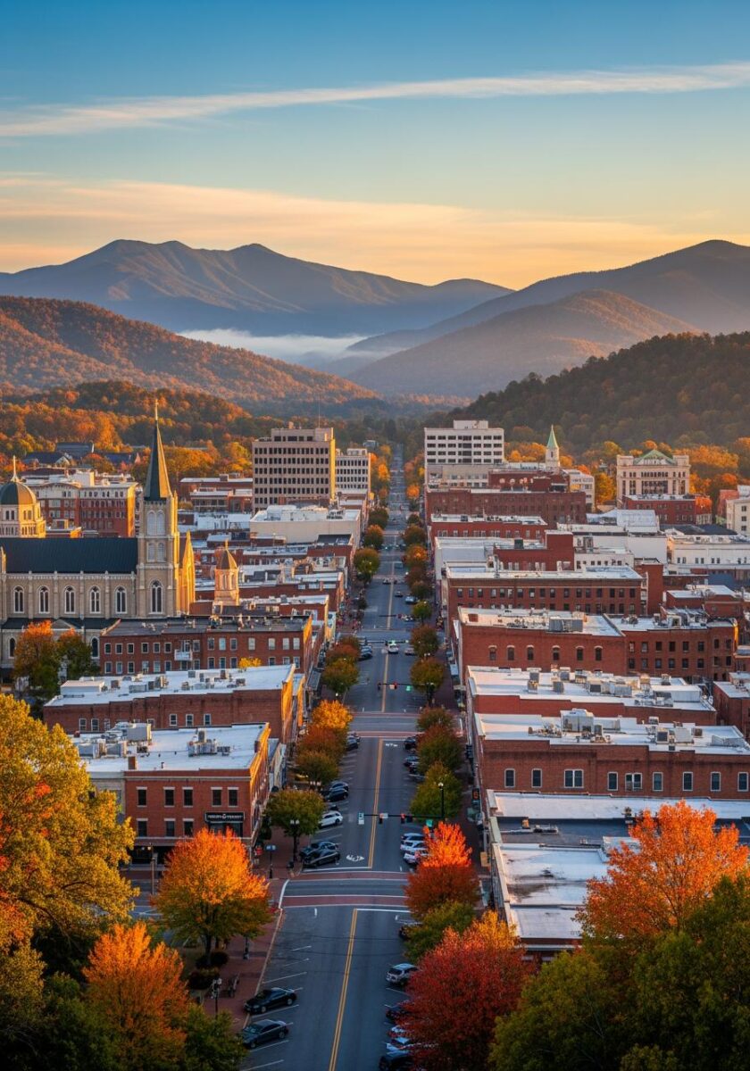 Aerial view of downtown Asheville NC with red brick buildings, church steeple, fall foliage, and Blue Ridge Mountains at sunset