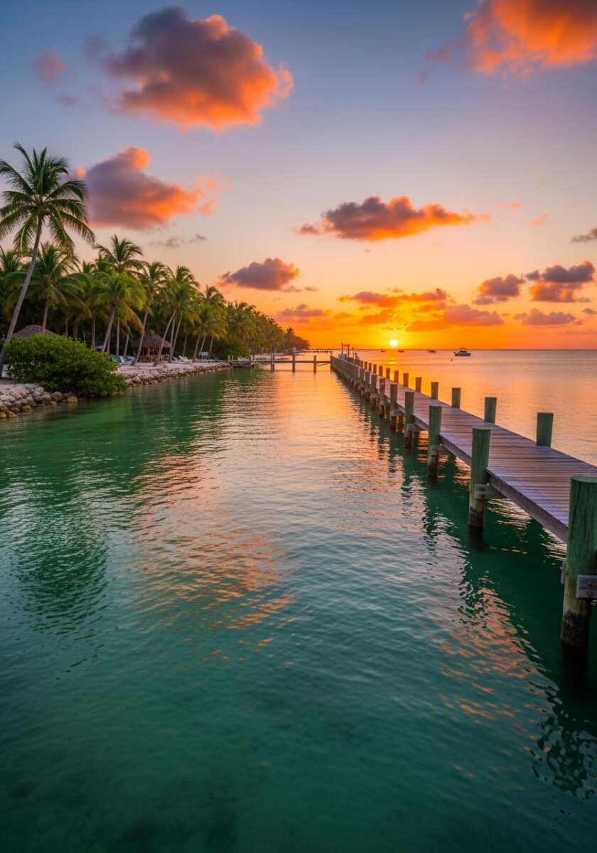 Wooden pier extending over turquoise water at golden sunset with palm trees and colorful clouds in Florida Keys