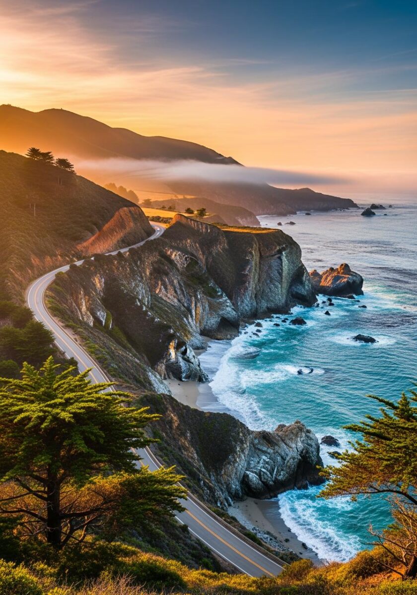 Aerial view of winding Pacific Coast Highway along Big Sur cliffs at golden sunset with turquoise ocean waves