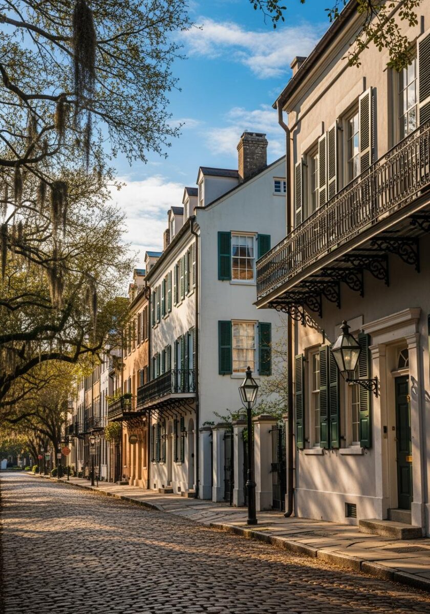 Historic cobblestone street lined with antebellum buildings featuring wrought iron balconies and green shutters