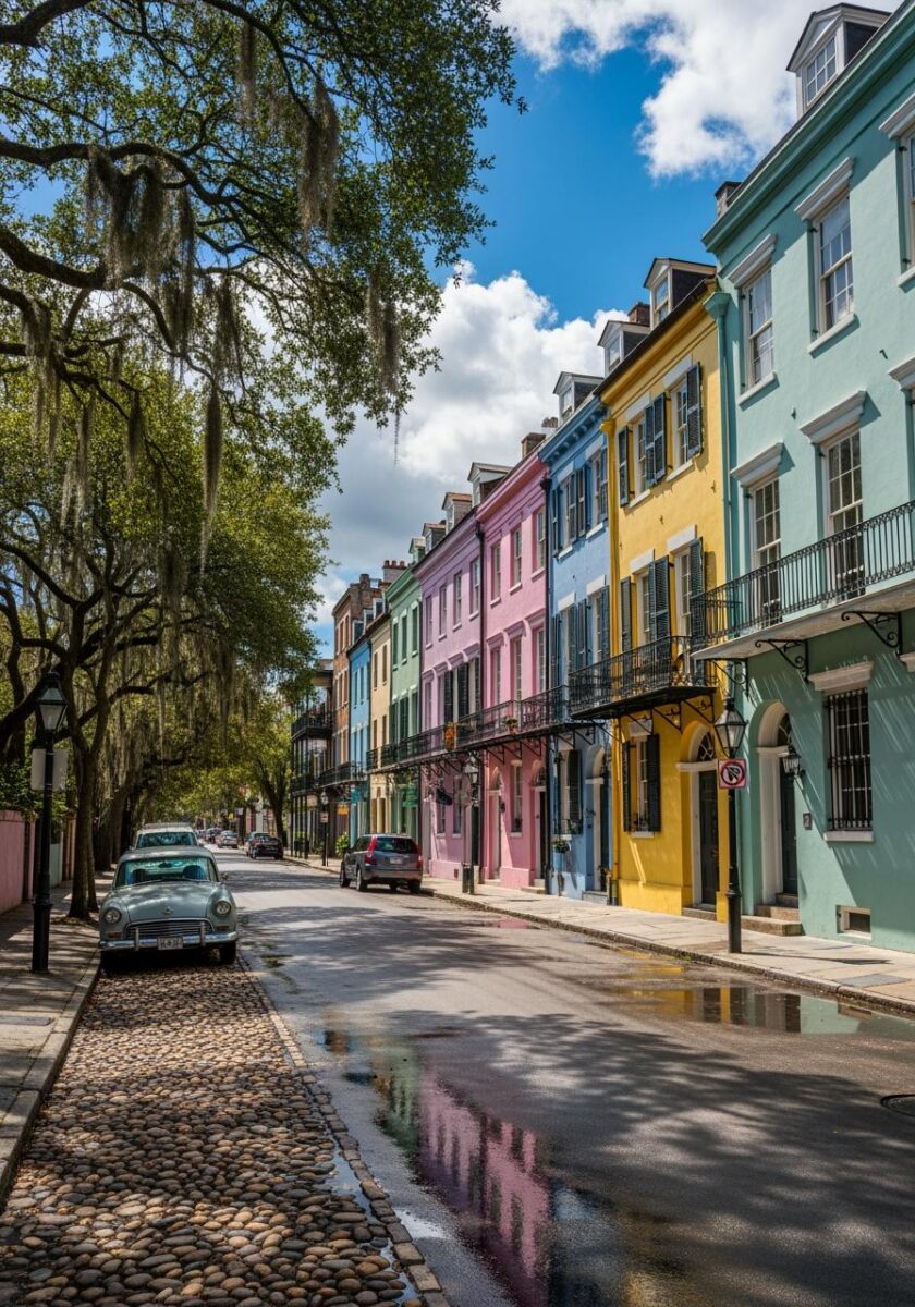 Colorful pastel row buildings with wrought iron balconies lining a wet cobblestone street with Spanish moss-draped oak trees