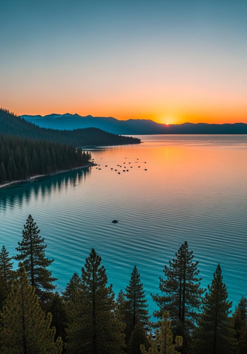 Aerial sunset view over turquoise alpine lake surrounded by pine forests and mountain ranges