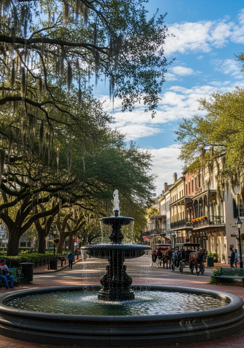 Historic Southern city square with tiered black fountain, Spanish moss-draped oak trees, and horse-drawn carriage