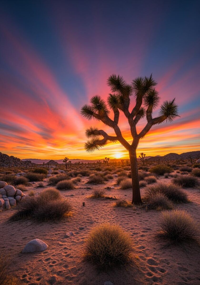 Joshua tree silhouetted against a vibrant orange and red sunset sky in a desert landscape