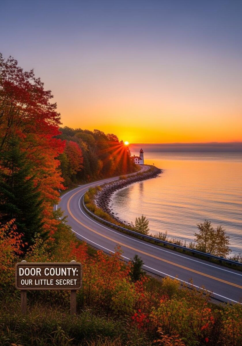Scenic coastal road in Door County Wisconsin with fall foliage, lighthouse, and golden sunset over Lake Michigan