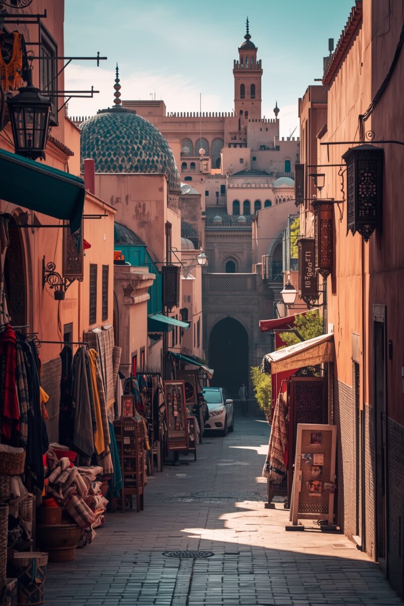 Narrow cobblestone alley in Marrakech medina with textile shops, Moorish dome, and minaret tower in background