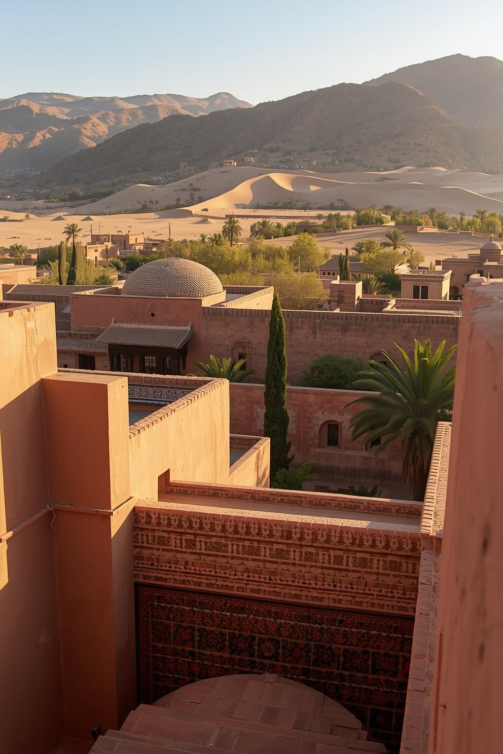 Aerial view of Moroccan-style terracotta palace complex with domed roof, courtyard gardens, palm trees, sand dunes, and Atlas Mountains at golden hour