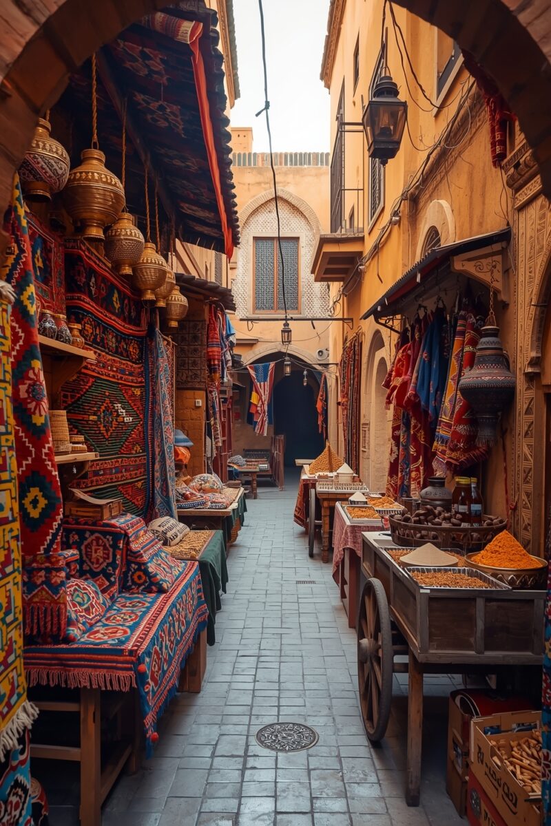 Narrow Moroccan medina alley with colorful rugs, hanging brass lanterns, and spice carts