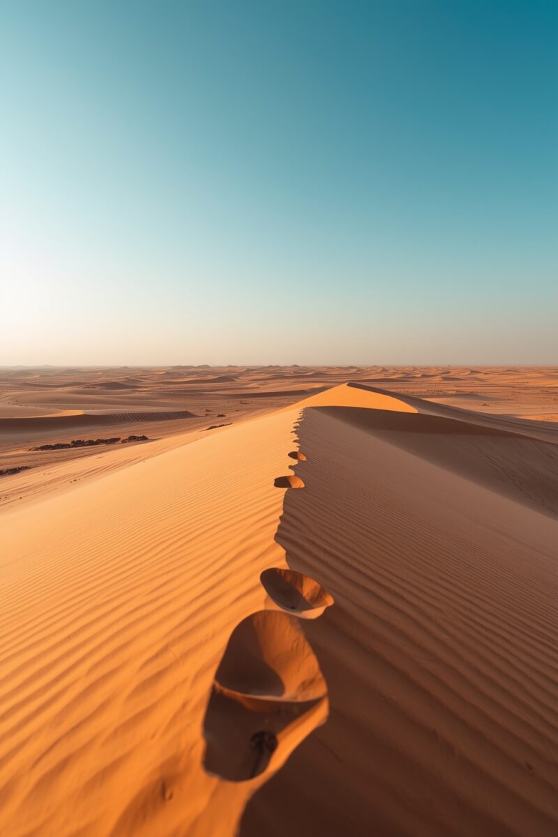 Golden sand dunes with rippled texture and sharp ridgeline stretching toward a clear blue horizon in a vast desert