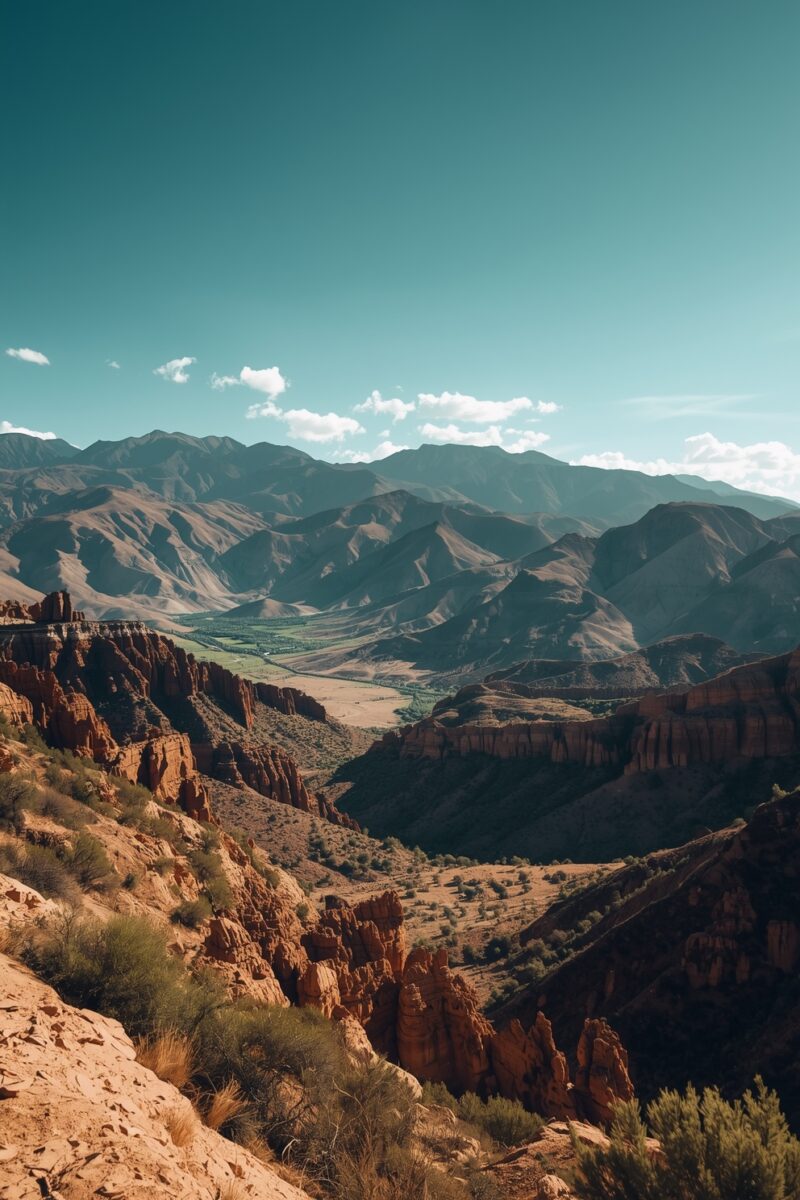 Panoramic view of red sandstone canyon with green valley and layered mountain range under teal sky