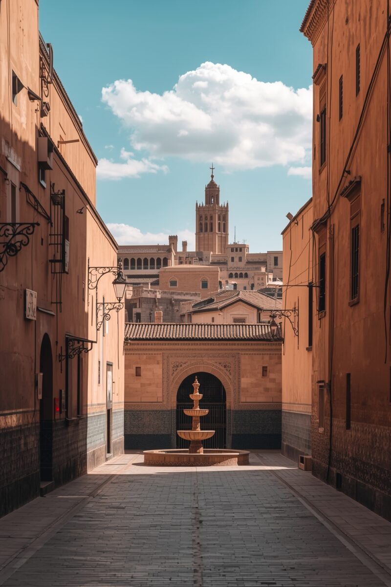 Narrow cobblestone alley leading to a Moorish-style fountain courtyard with a Gothic cathedral tower rising in the background