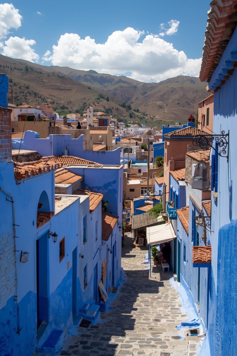 Narrow cobblestone alley in Chefchaouen Morocco lined with blue-painted walls and terracotta rooftops with Rif Mountains backdrop