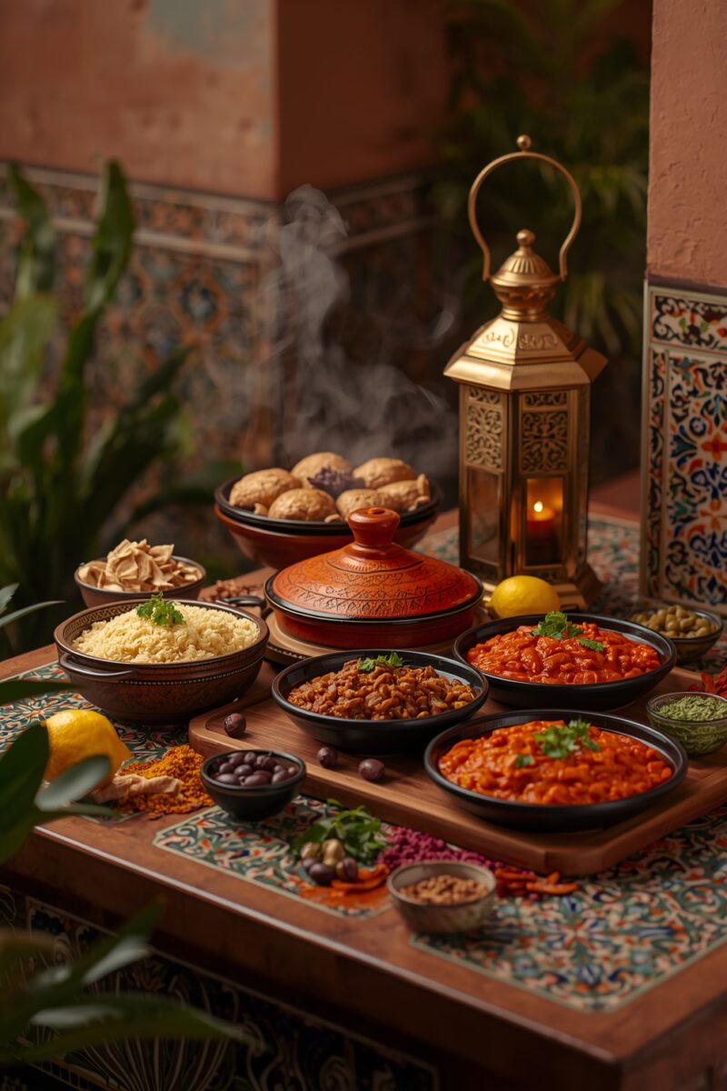 Traditional Moroccan feast with tajine, couscous, tomato stews, spices, olives, and a golden lantern on a mosaic table