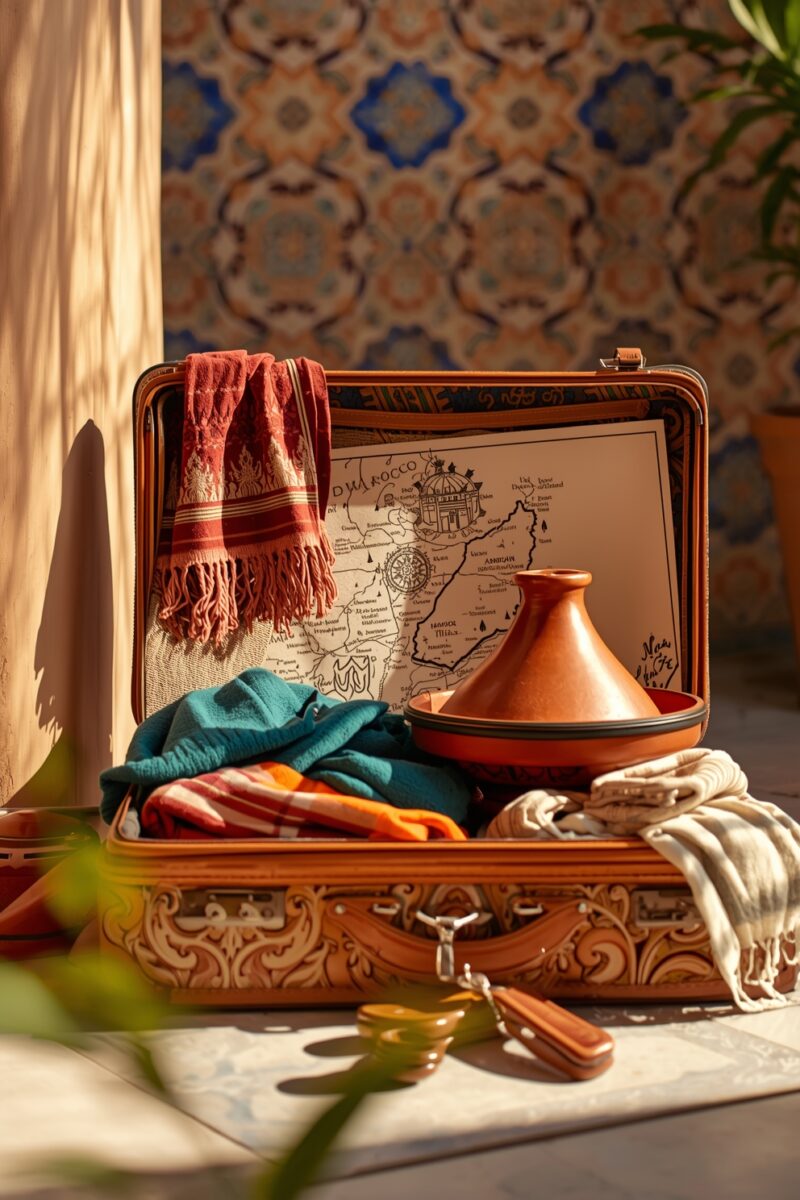 Open vintage suitcase packed with Moroccan tajine, colorful textiles, scarves, and a Morocco travel map