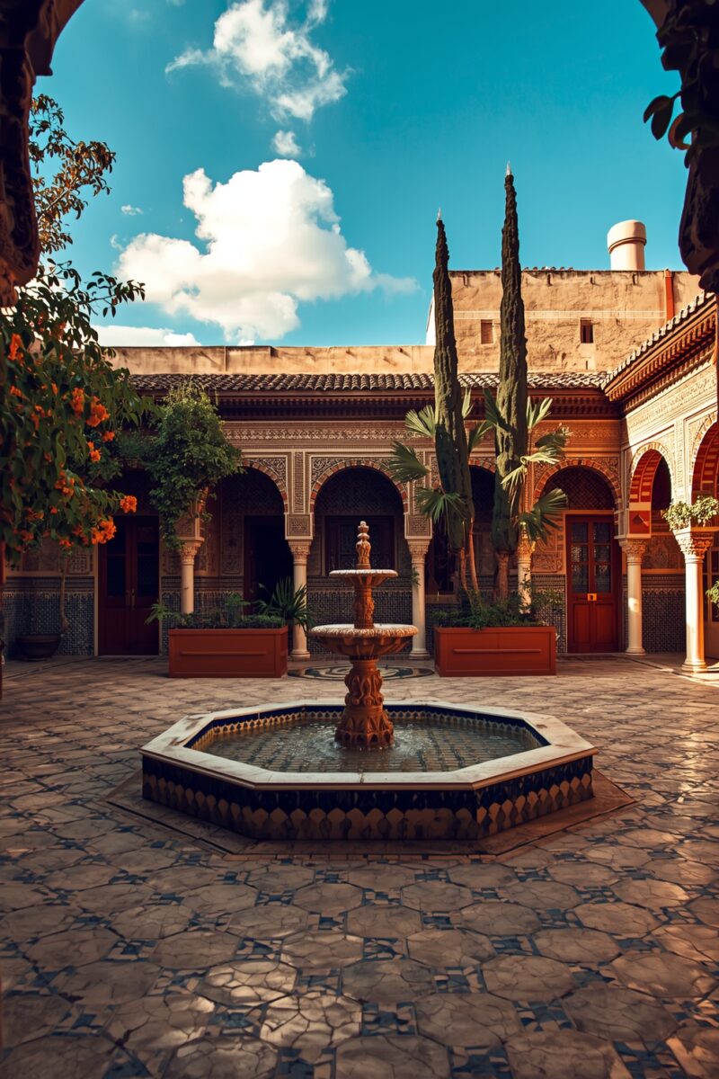 Ornate Moorish courtyard with octagonal tiled fountain, decorative arches, cypress trees, and intricate zellige tilework