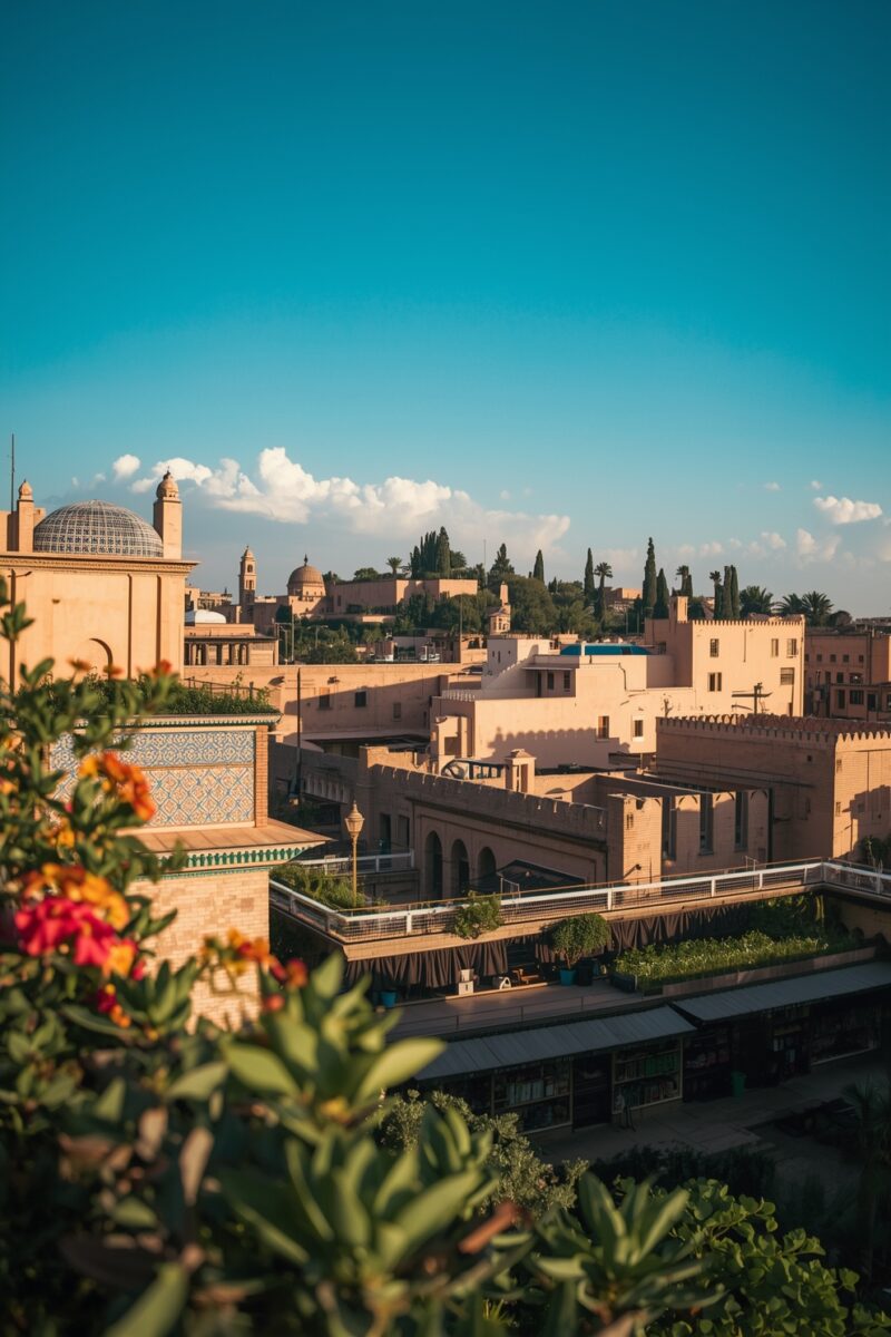 Rooftop view of Marrakech medina with mosque dome, minarets, sandstone buildings, and colorful flowers in foreground