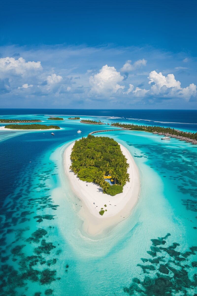 Aerial view of a lush tropical island with white sand beaches surrounded by turquoise lagoon waters in the Maldives