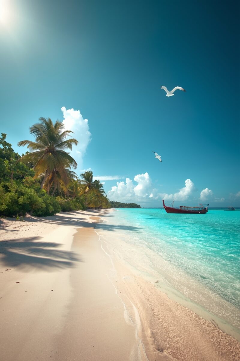 Pristine tropical beach with white sand, turquoise water, palm trees, a red boat, and seagulls under a sunny blue sky
