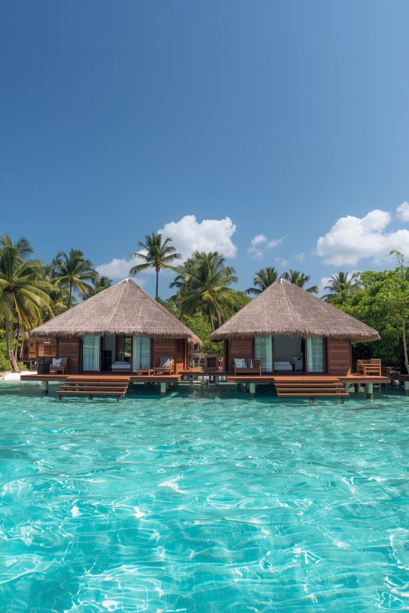 Two luxury overwater bungalows with thatched roofs above crystal-clear turquoise water, surrounded by palm trees