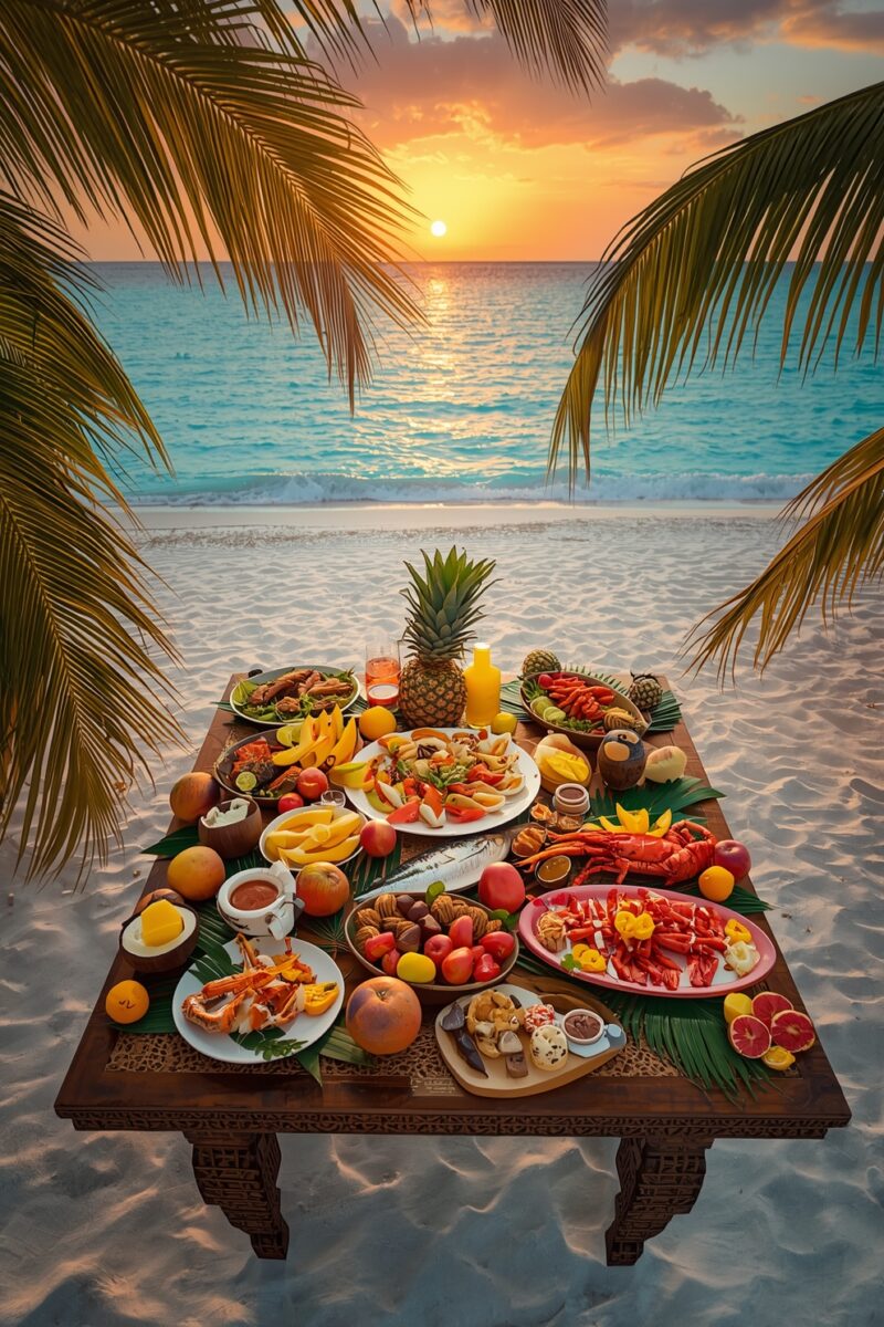 Tropical beach feast table with lobster, fresh fruits, pineapple, and seafood at sunset with palm trees