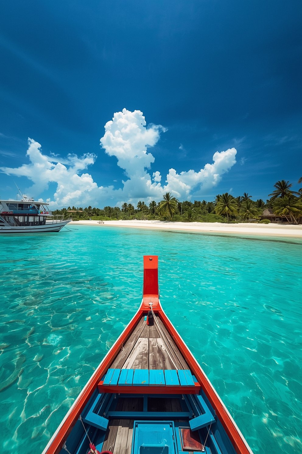 Red and blue wooden longtail boat bow pointing toward a white sand tropical island beach with turquoise water