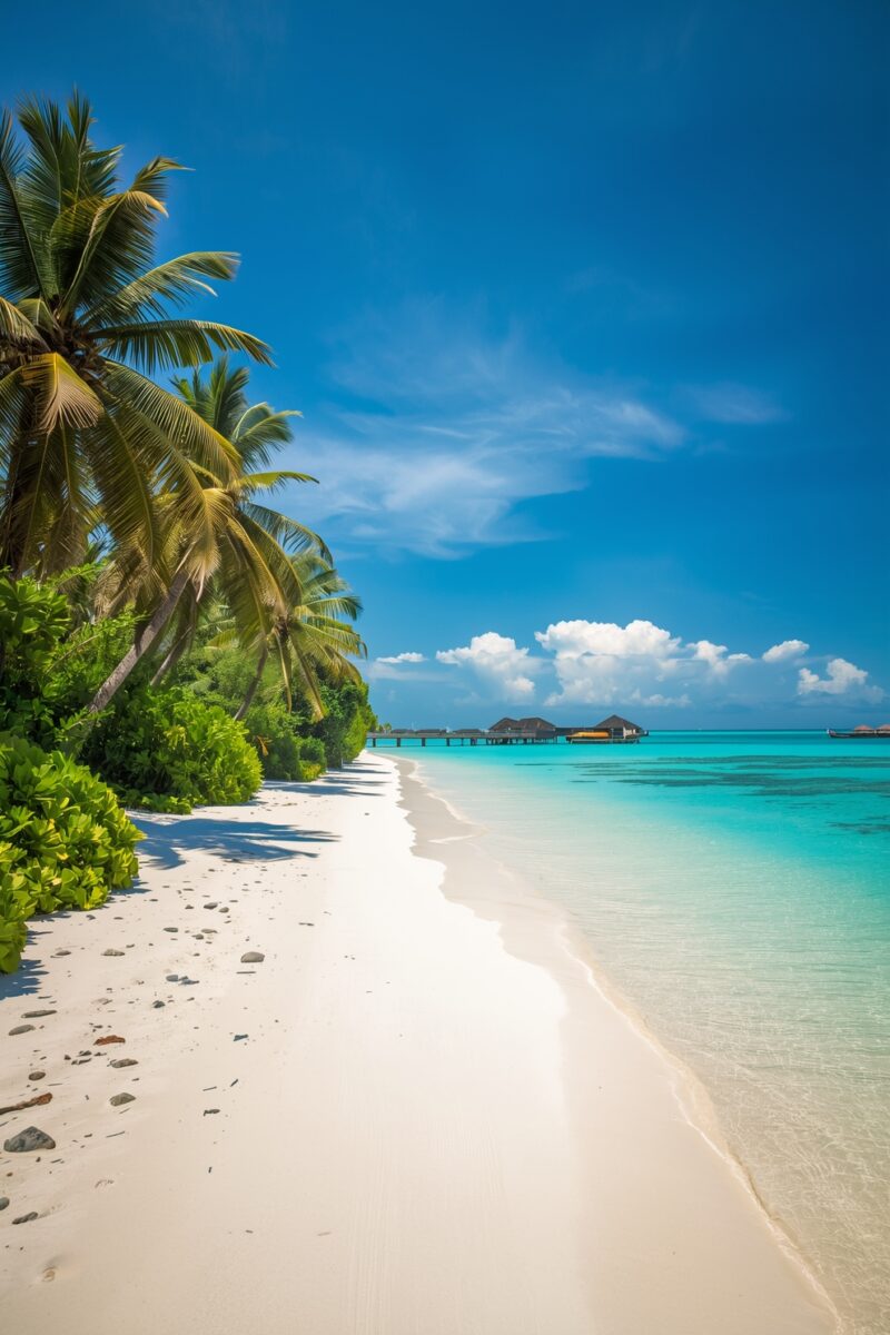 Pristine white sand beach with turquoise water, palm trees, and overwater bungalows in the Maldives
