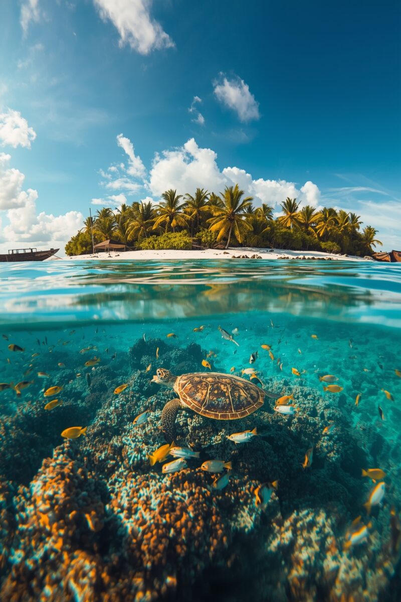 Split underwater view of sea turtle swimming over coral reef with tropical island and palm trees above water surface