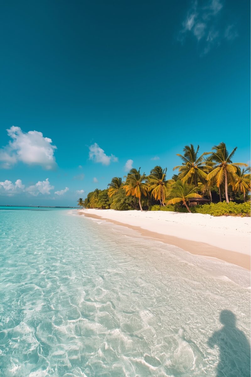 Crystal-clear turquoise water lapping white sandy beach lined with coconut palm trees under vivid blue sky
