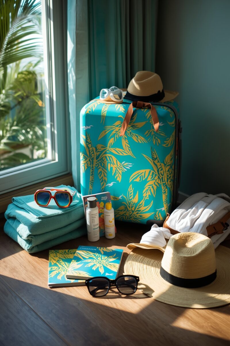 Tropical teal palm-print suitcase surrounded by beach essentials: straw hats, sunglasses, sunscreen, and towels