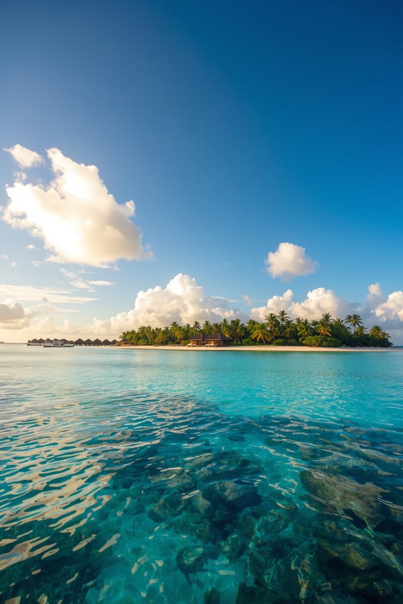 Crystal-clear turquoise lagoon with a tropical island resort surrounded by palm trees under a blue sky